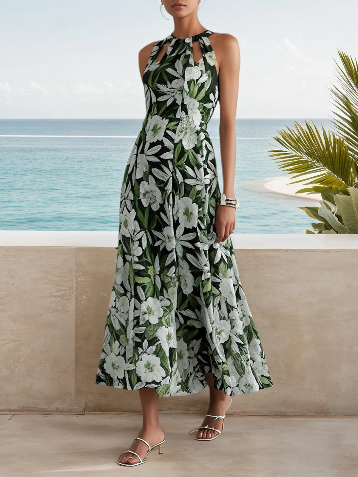 Green Cut Out Floral A-Line Maxi Chiffon Dress