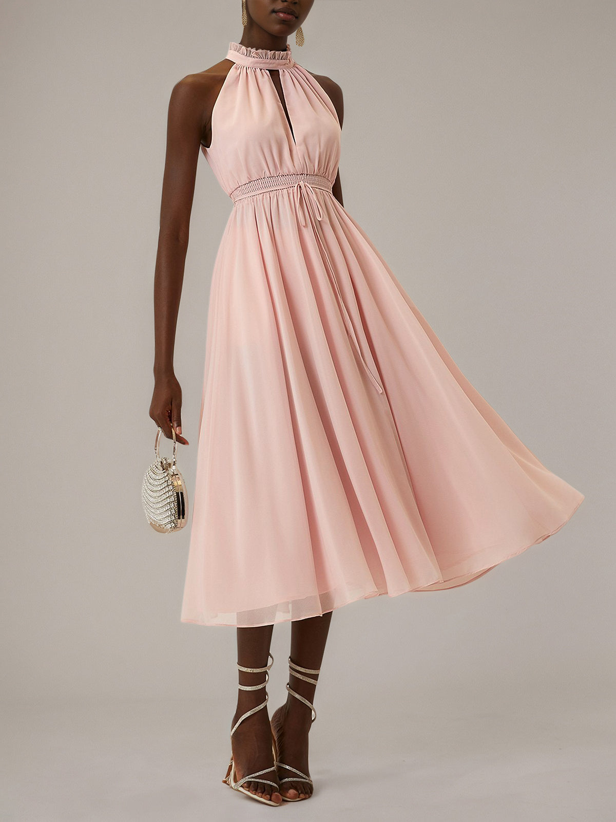 Pink A Line Chiffon Halter Neck Sleeveless Tea Length Dresses