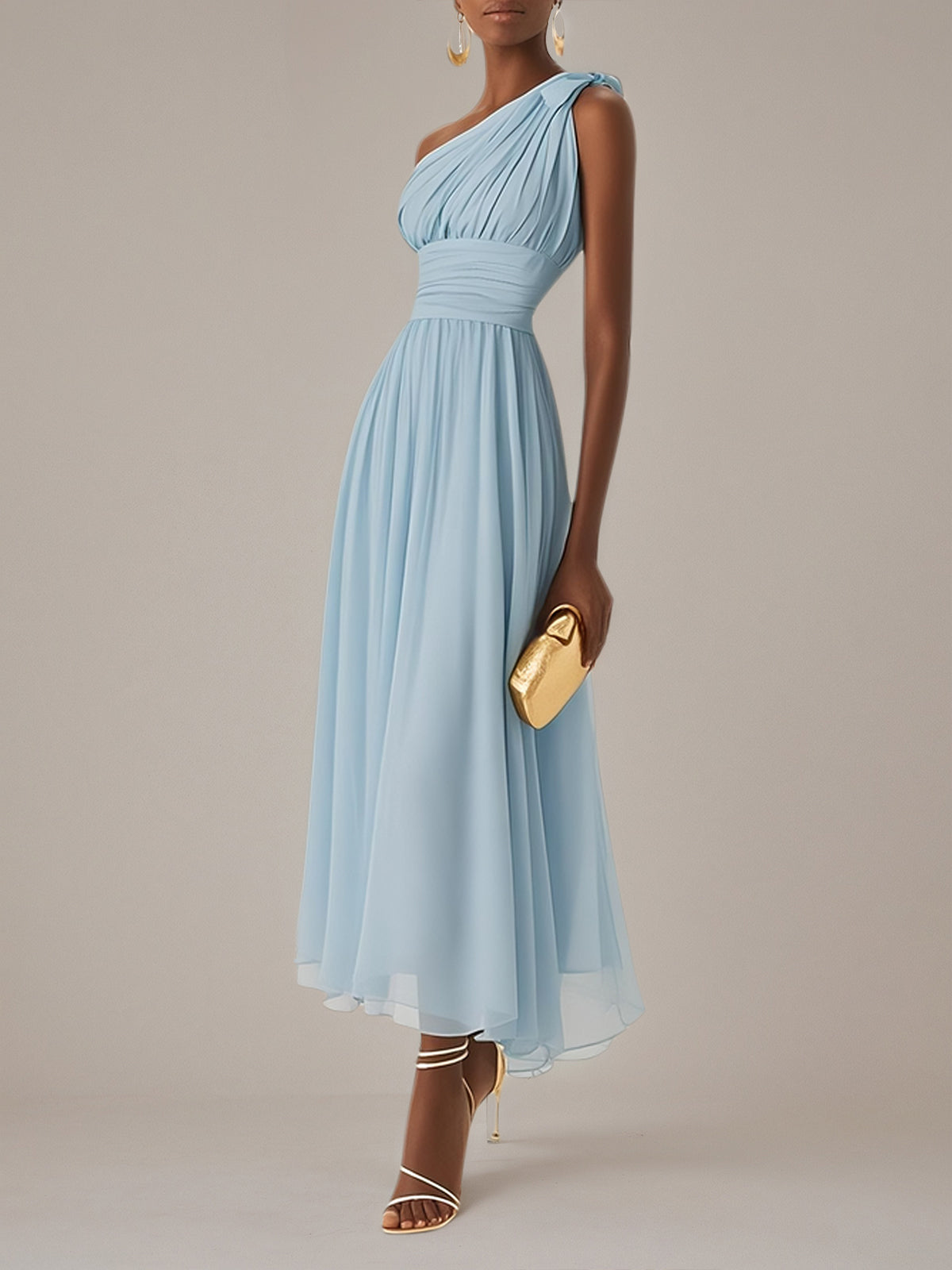 Blue A Line Chiffon One Shoulder Sleeveless Ankle Length Dresses