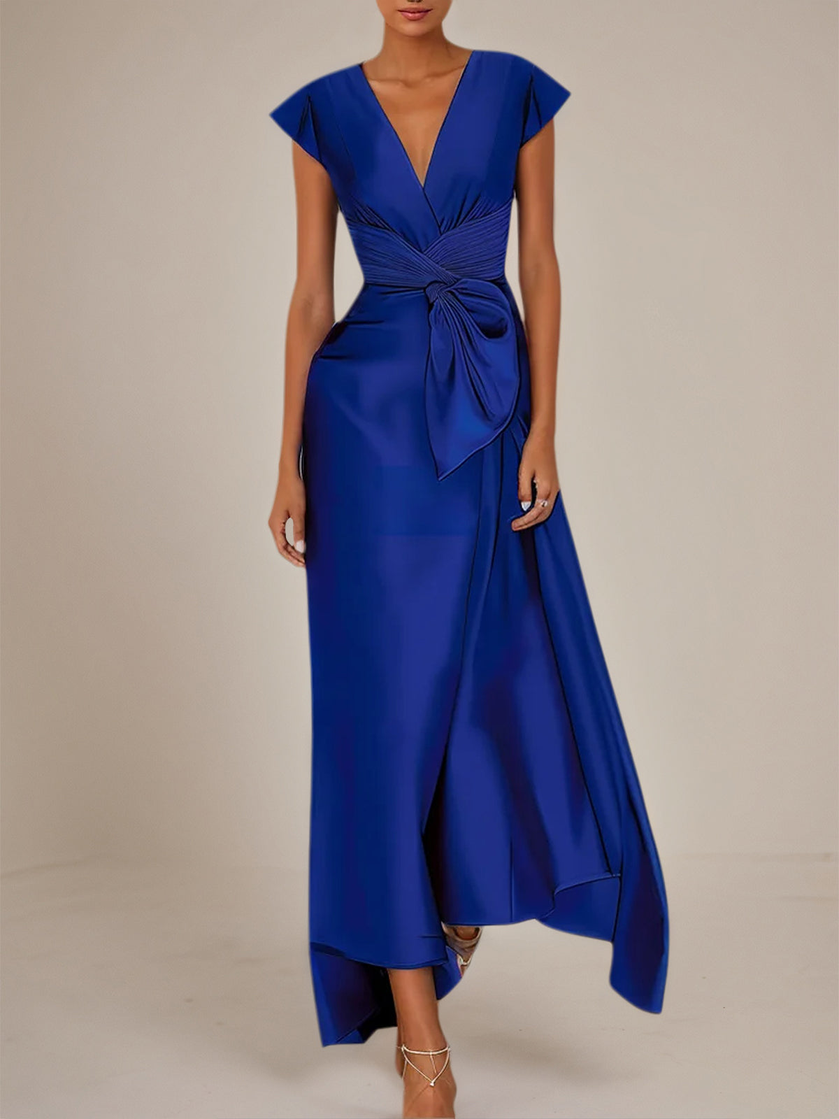 Navy Blue Satin V Neck Short Sleeveless Ankle Length Dress