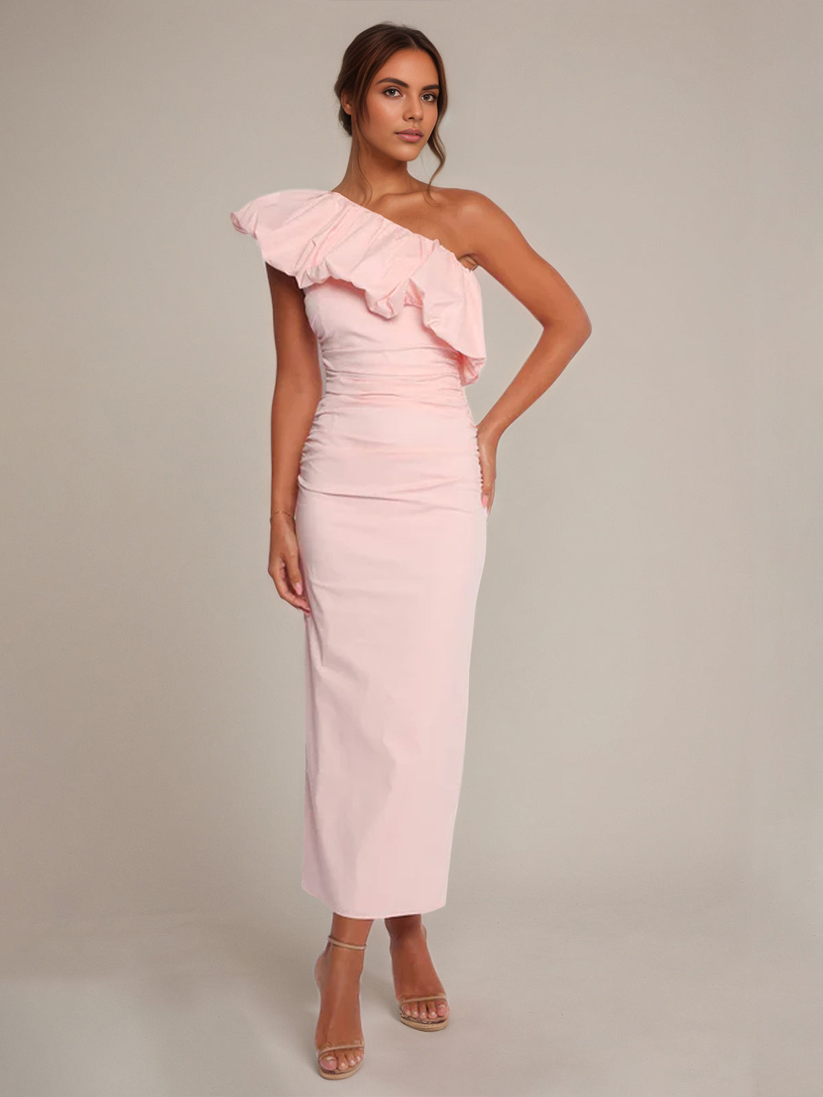 Ballet Pink Chiffon Sheath/Column One Shoulder Sleeveless Ankle Length Bridesmaid Dress