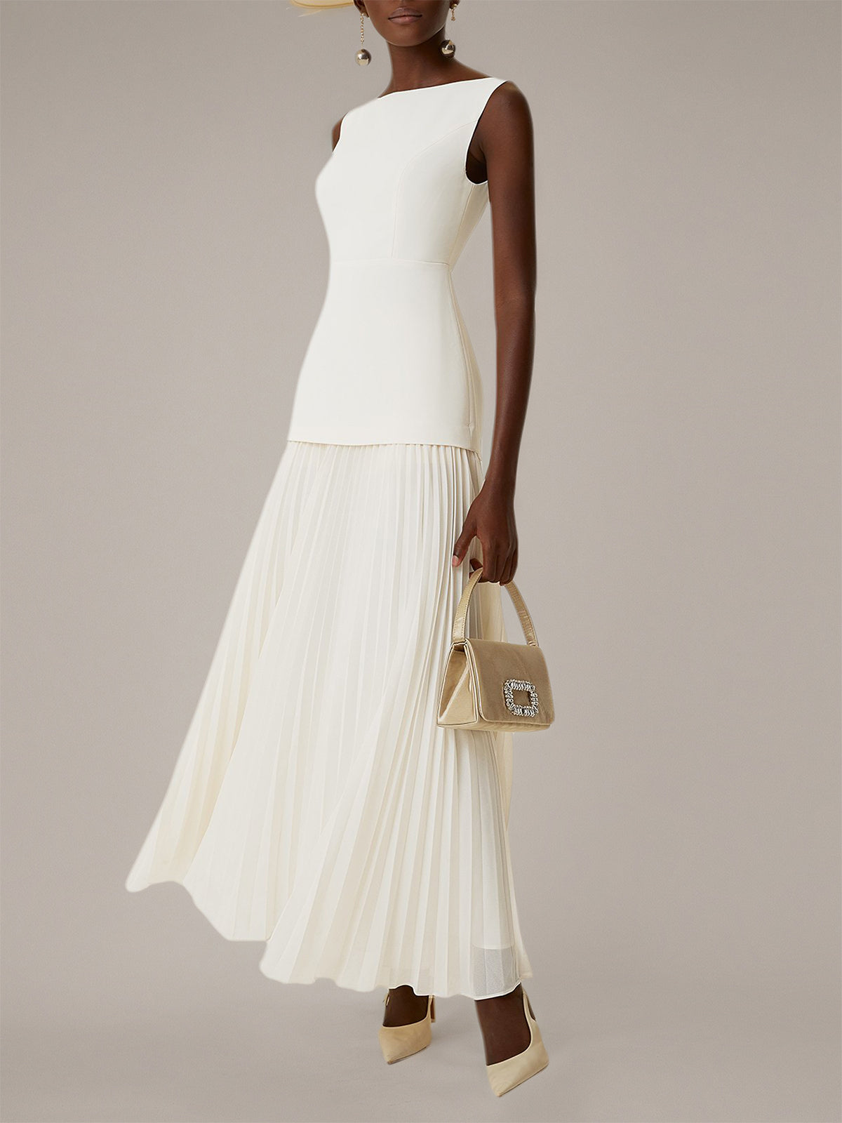 White A Line Chiffon Round Neck Sleeveless Floor Length Dresses