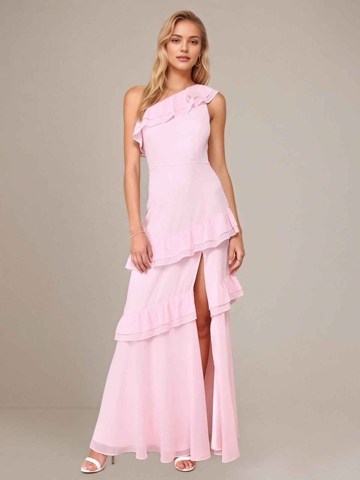 Pink Chiffon A Line One Shoulder Sleeveless Floor Length Dress With Ruffles