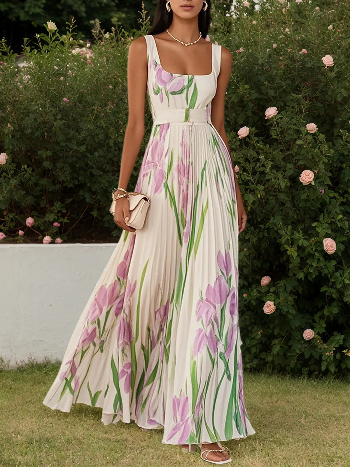 White Pleated Floral Chiffon Square Neck Sleeveless A-Line Maxi Dress