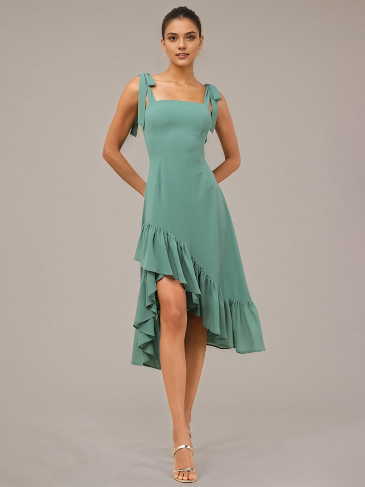 Green Sheath/Column Chiffon Square Neck Sleeveless Asymmetrical Dresses With Ruffles
