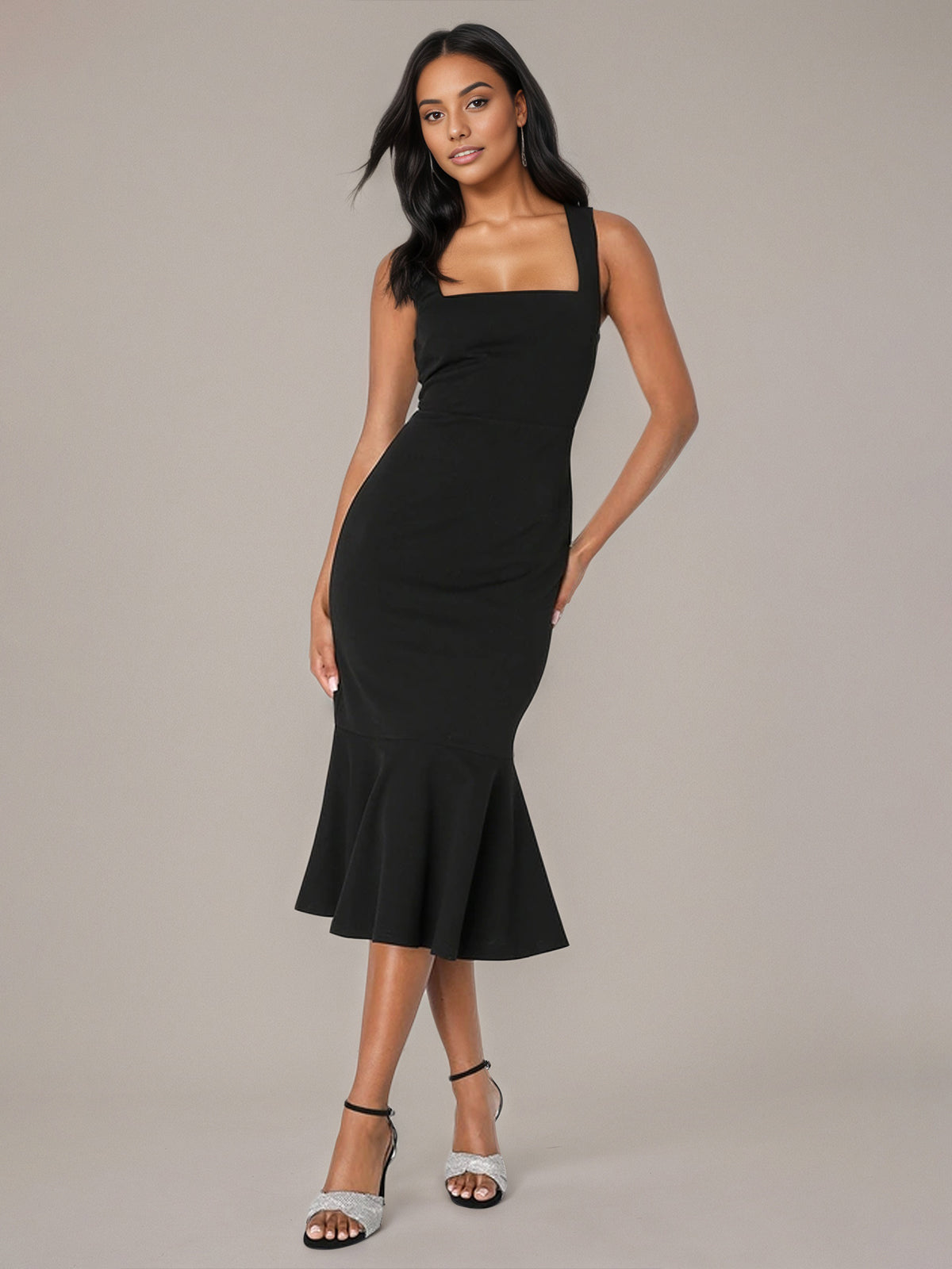 Black Sheath/Column Stretch Crepe Square Neck Sleeveless Tea Length Dresses