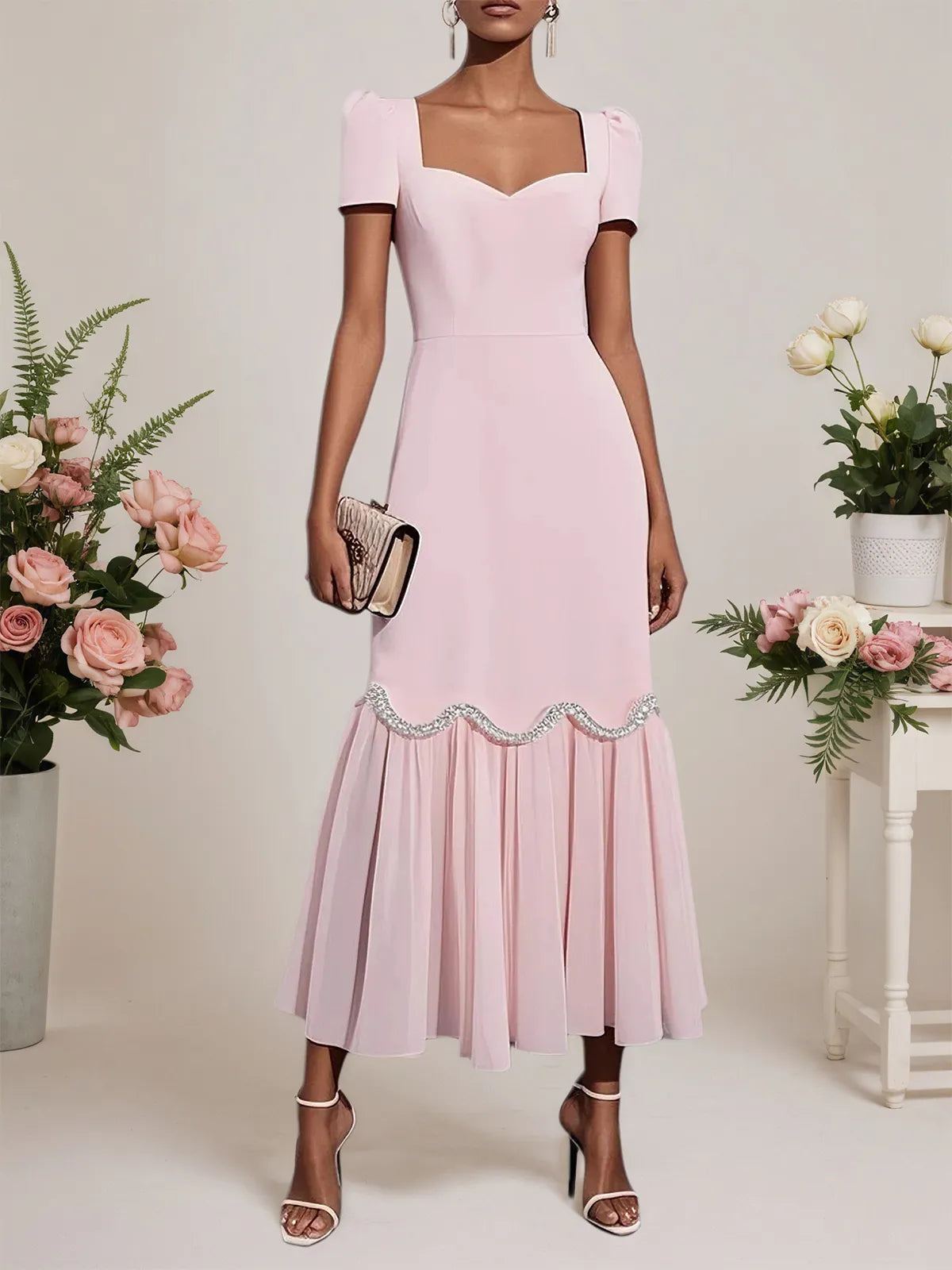 Pink Rhinestone Classic Sweetheart Neckline Short Sleeve A-Line Maxi Dress