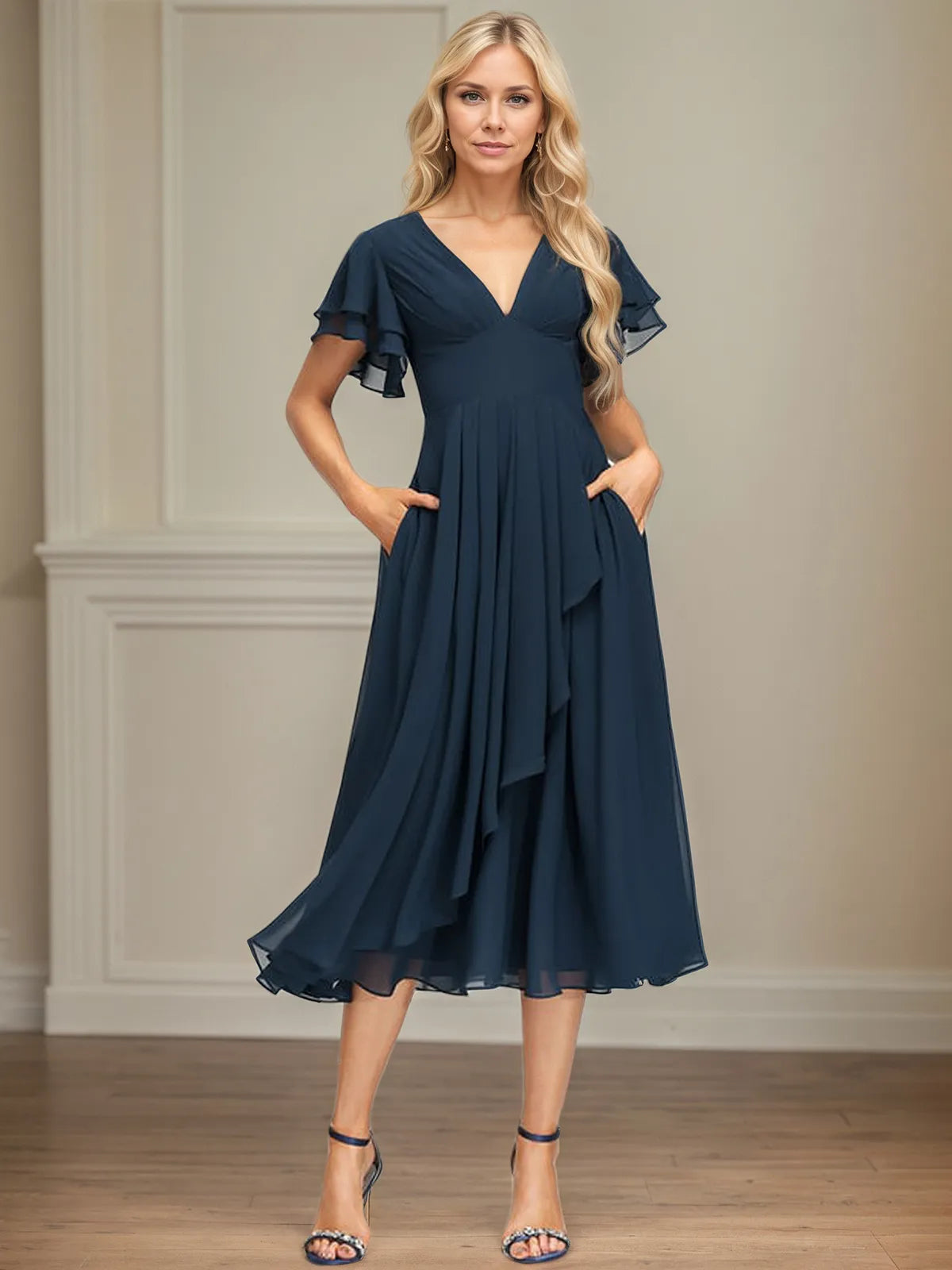A Line V-Neck Tea Length Chiffon Dress With Cascading Ruffles