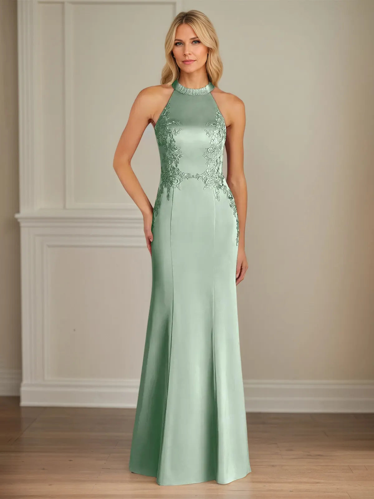 Trumpet/Mermaid Halter Neck Sleeveless Floor-Length Satin Dress With Pleated