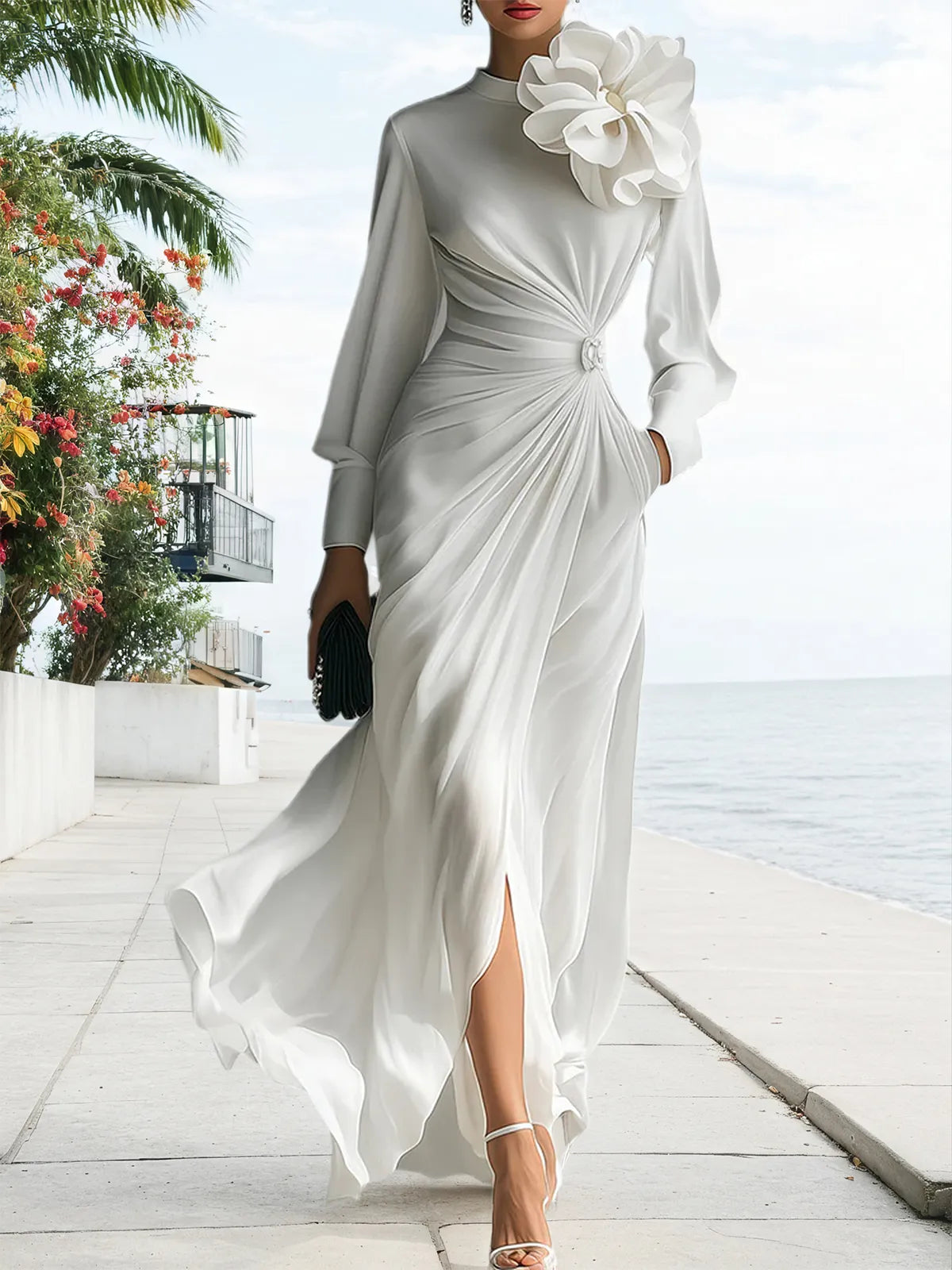 Elegant Floral Embellished Long Sleeve Pleated Chiffon Dress