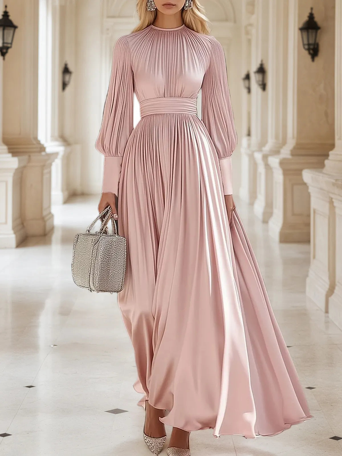 Fashionable And Elegant High-End Pleated Satin Maxi Dress