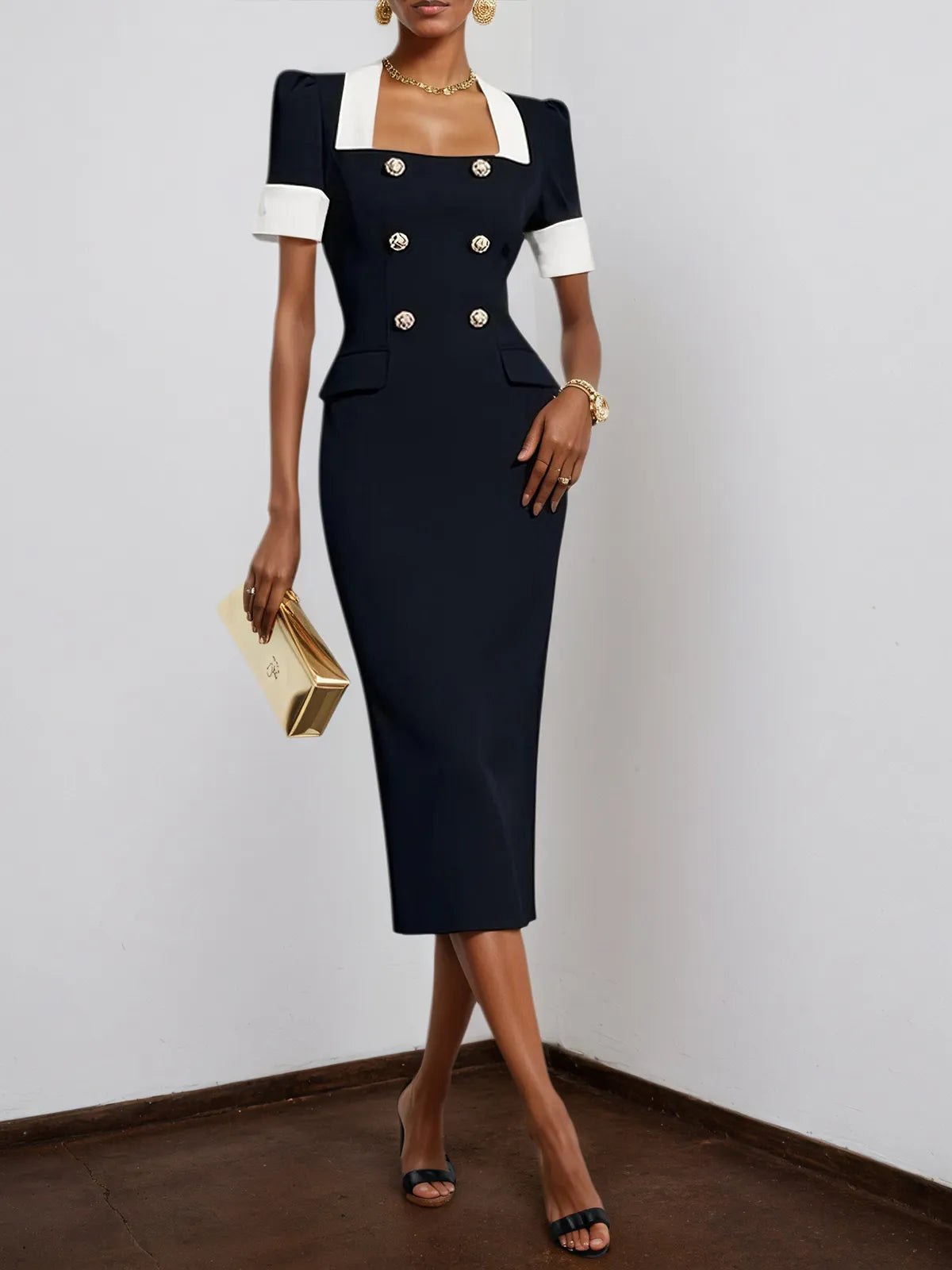 Black Buckle Blazer Square Neck Short Sleeve Sheath Midi Dress