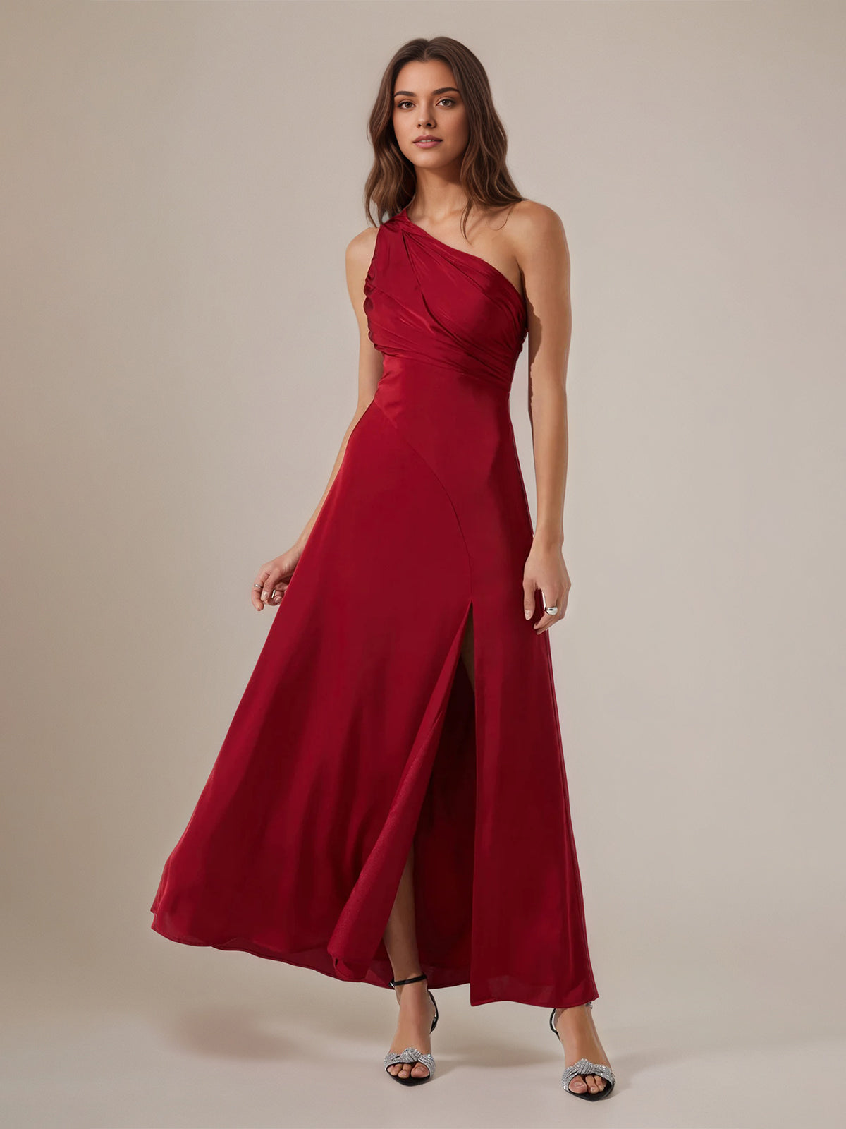 Wine Red A Line One Shoulder Satin Ankle Length Dress