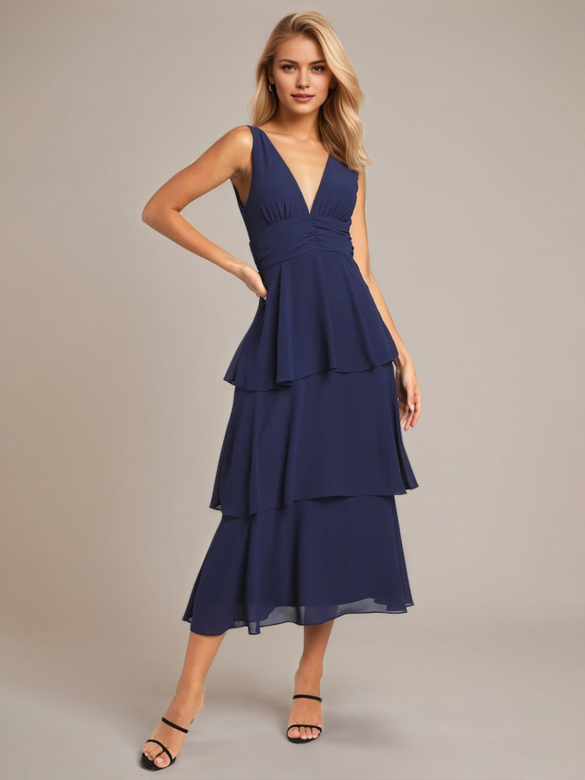 Navy A Line Chiffon V Neck Sleeveless Tea Length Dresses With Ruffles