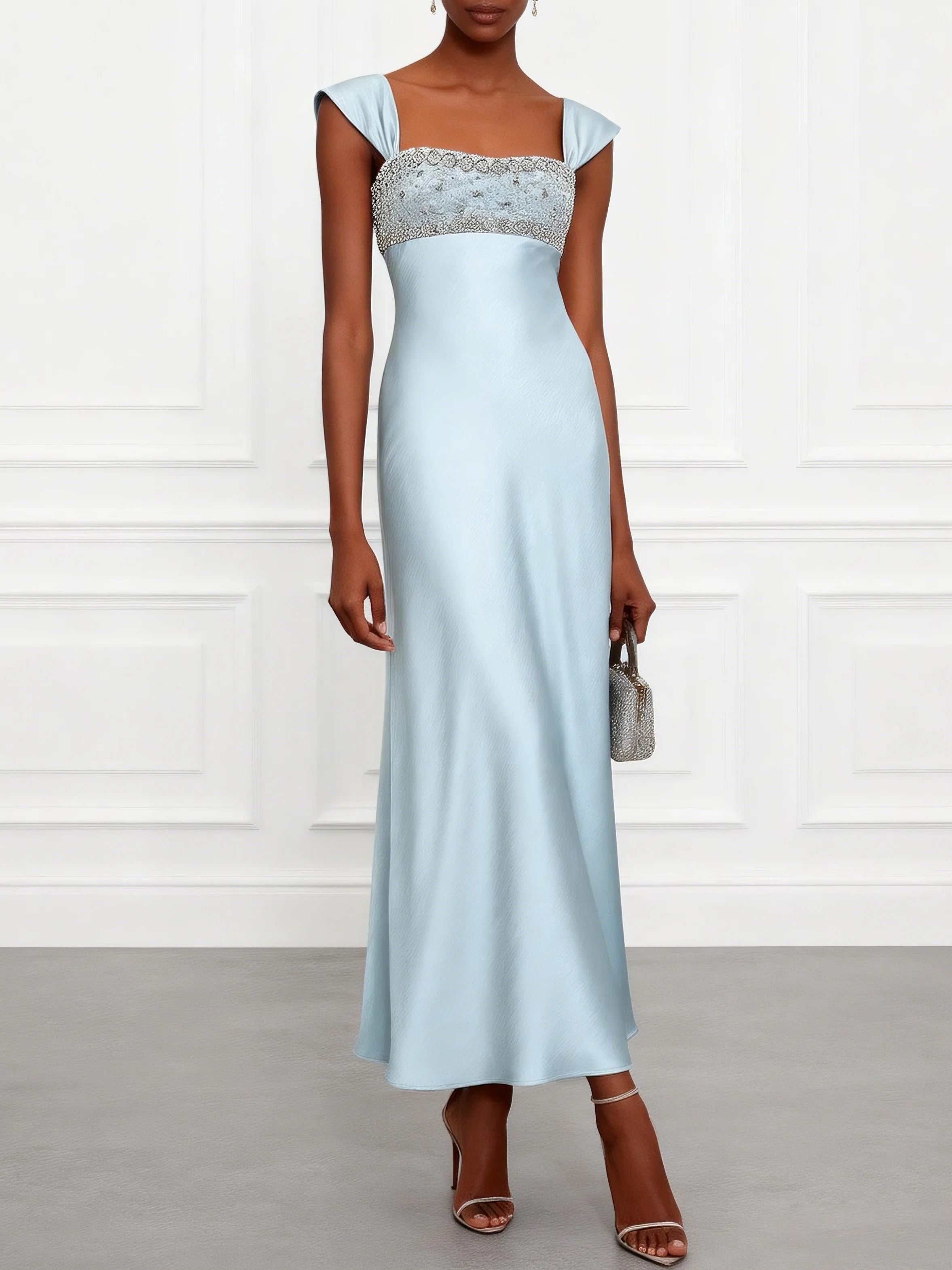 Light Blue Glitter Satin Square Neck Sleeveless A-Line Maxi Dress