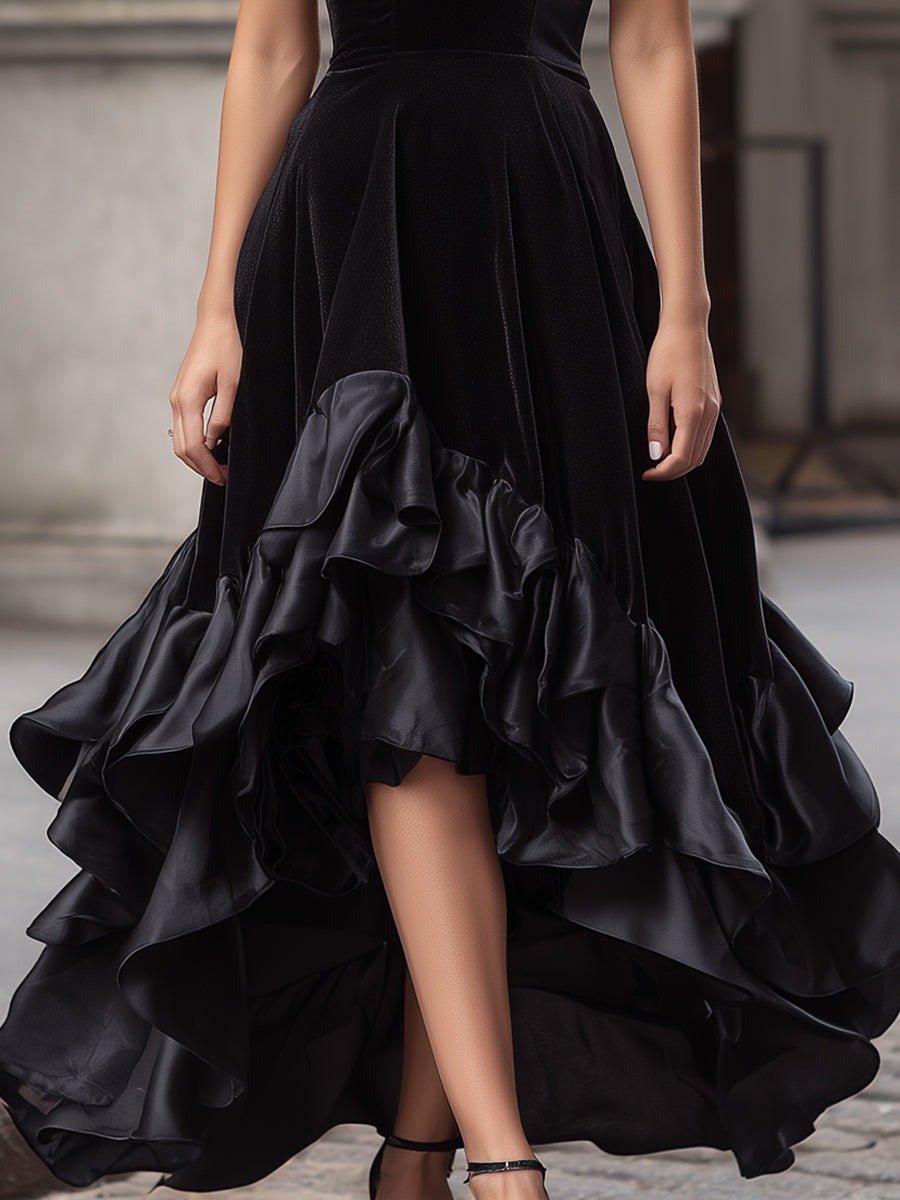 Black Velvet High-Low Evening Gown With Layered Ruffled Hem