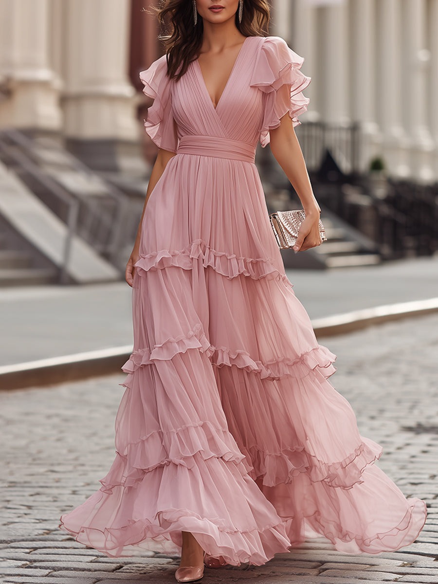 PinkRuffled V-Neck Tiered Maxi Dress