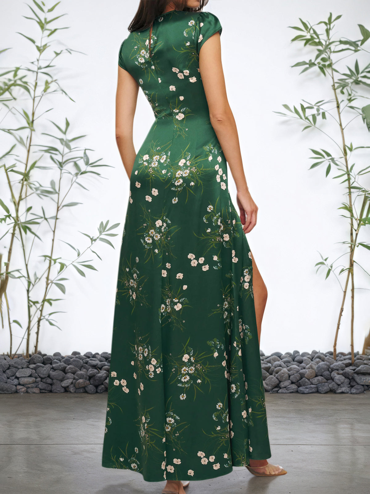 Green Floral Cap Sleeve Slit A Line Maxi Slit Dress