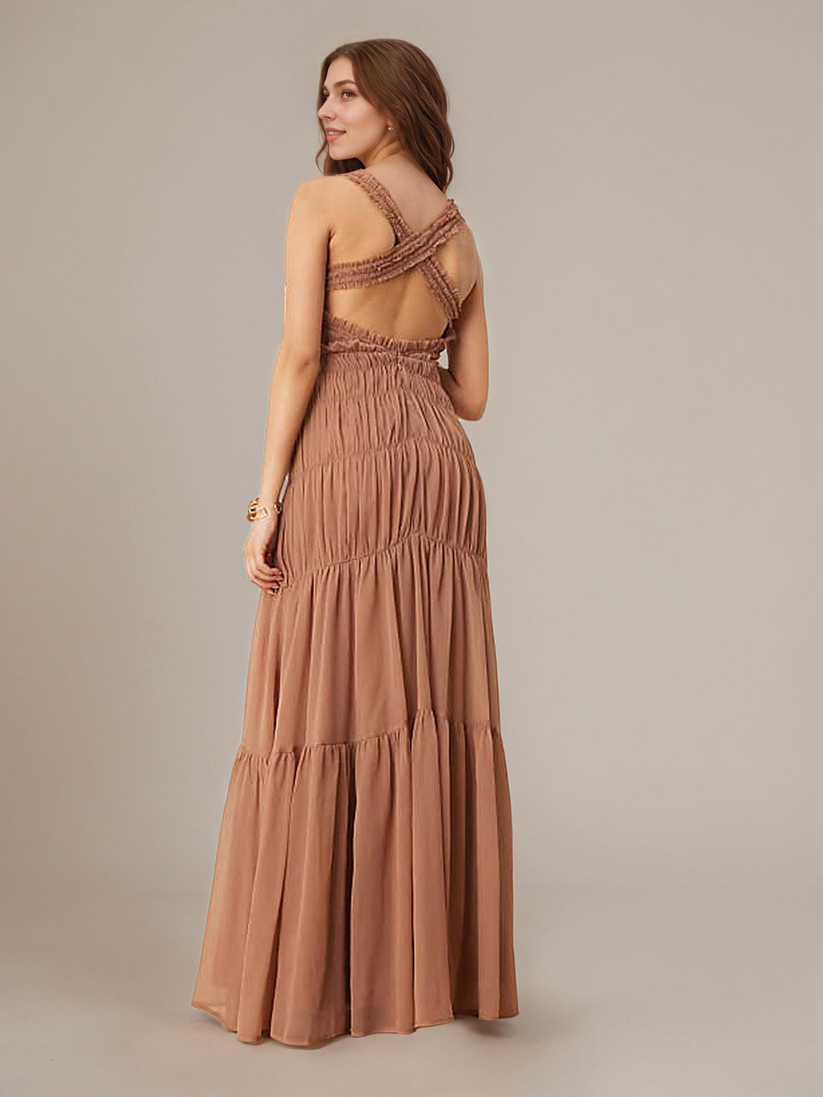 A Line Chiffon Square Neck Sleeveless Floor Length Pleated Dresses