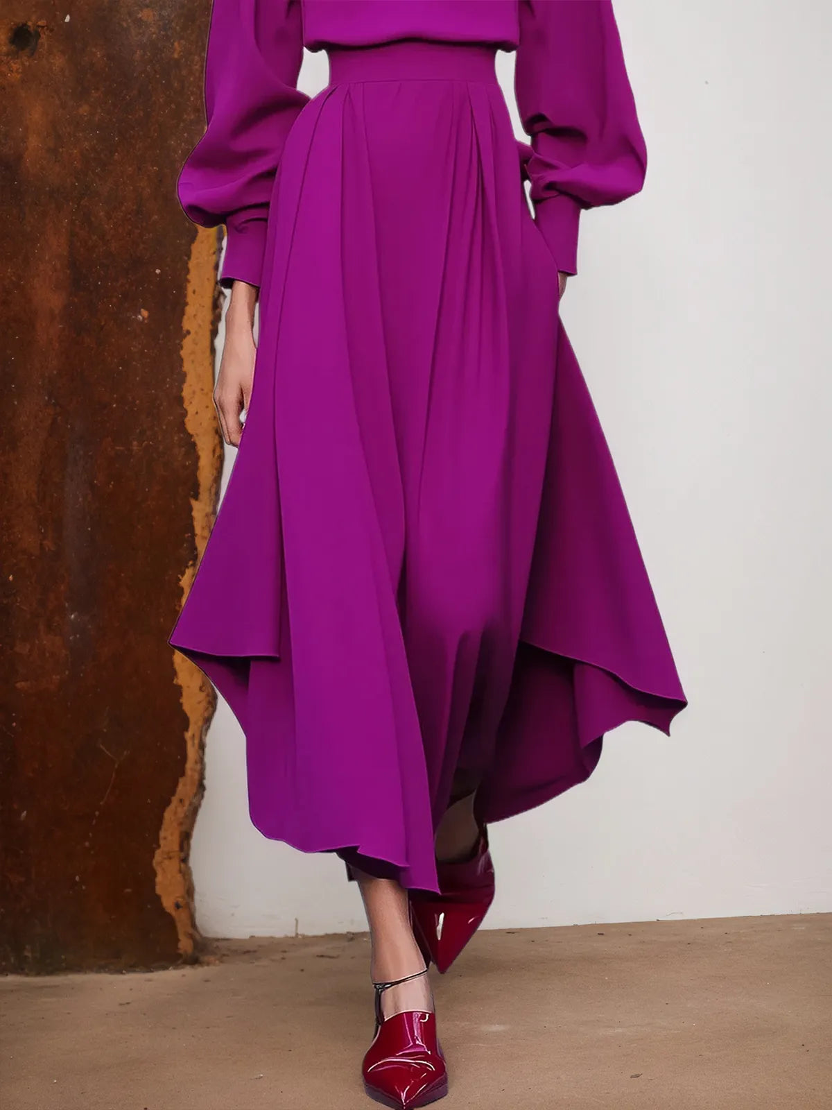 Rose Red Asymmetric Boat Neck Long Balloon Sleeve A-Line Midi Dress