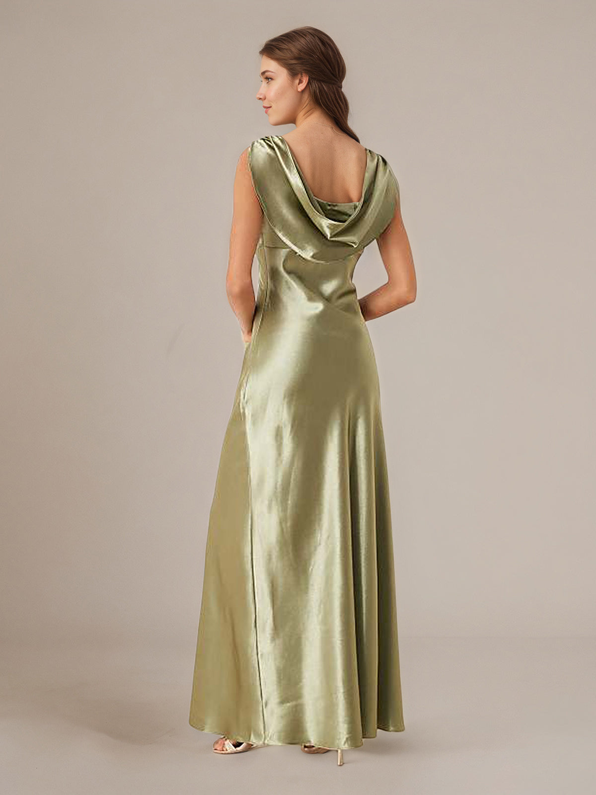 Olive Green Sheath/Column Satin Boat Neck Sleeveless Floor Length Dresses