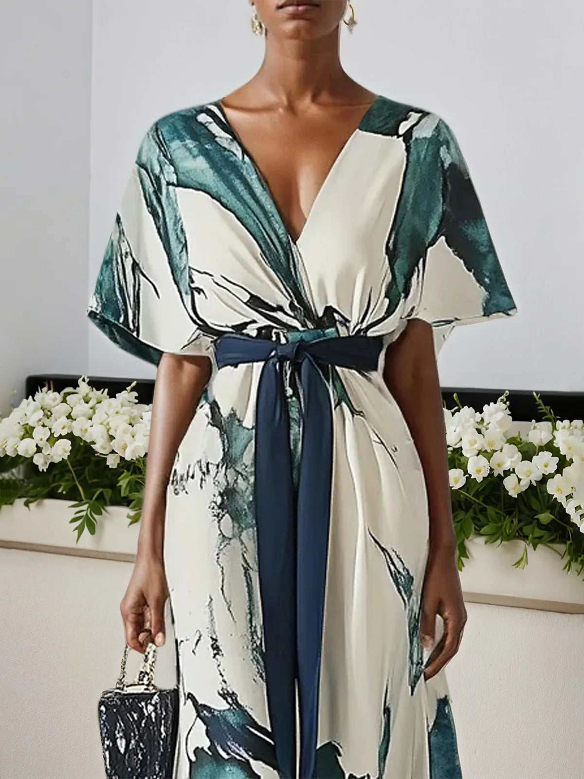 Blue Printing Chiffon V Neck Short Sleeve A-Line Maxi Dress