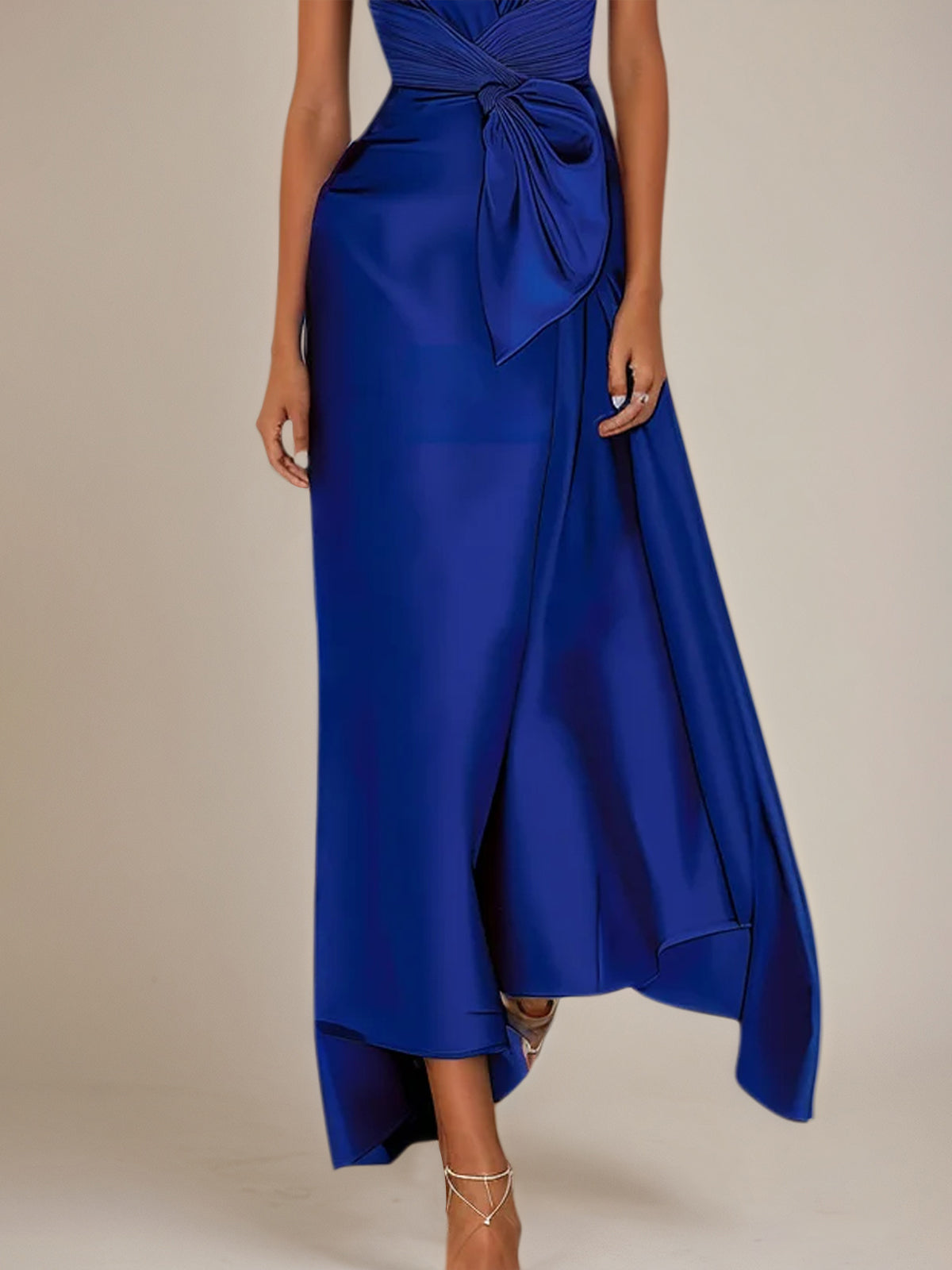 Navy Blue Satin V Neck Short Sleeveless Ankle Length Dress