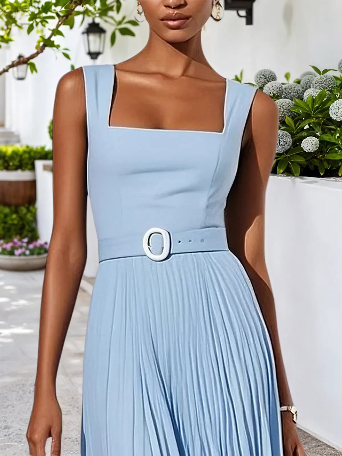Light Blue Pleated Classic Square Neck Sleeveless A-Line Midi Dress