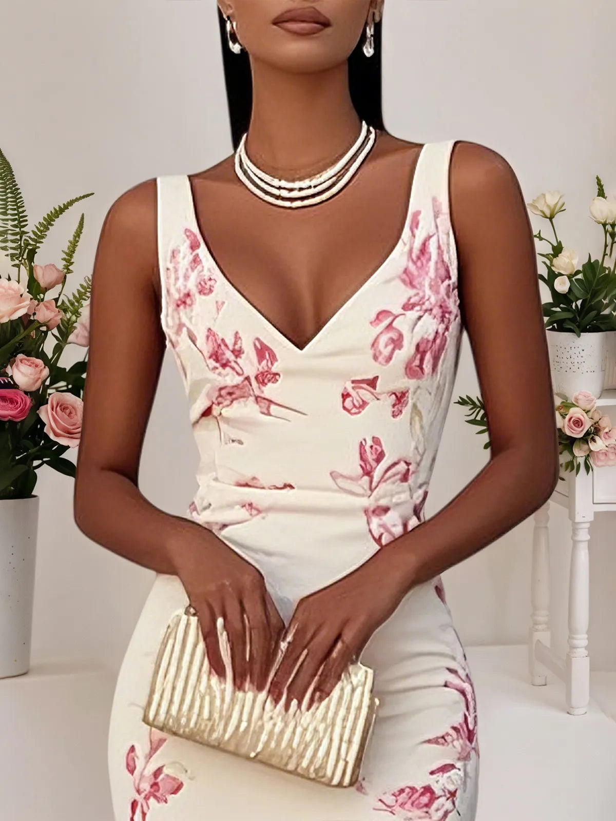 Pink Floral Mermaid Skirt V Neck Sleeveless Mermaid Midi Dress