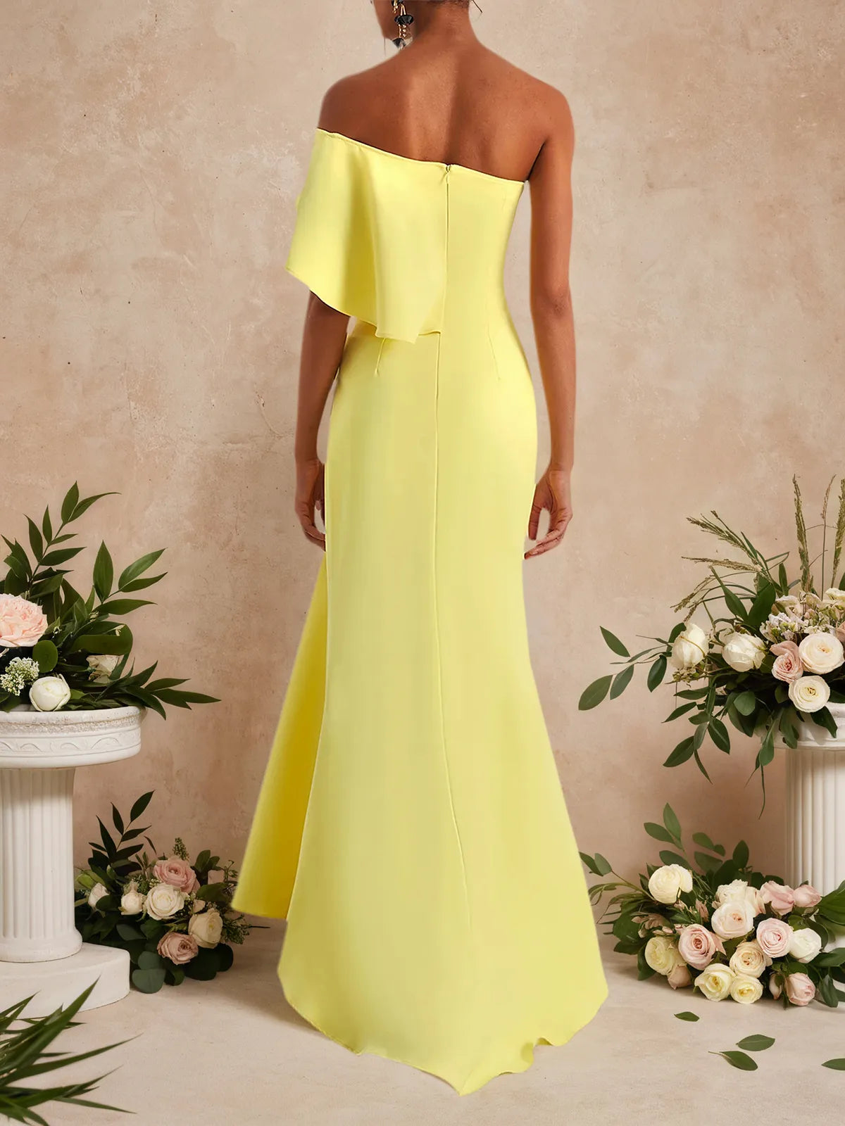 Yellow Ruched One Shoulder A-Line Gown