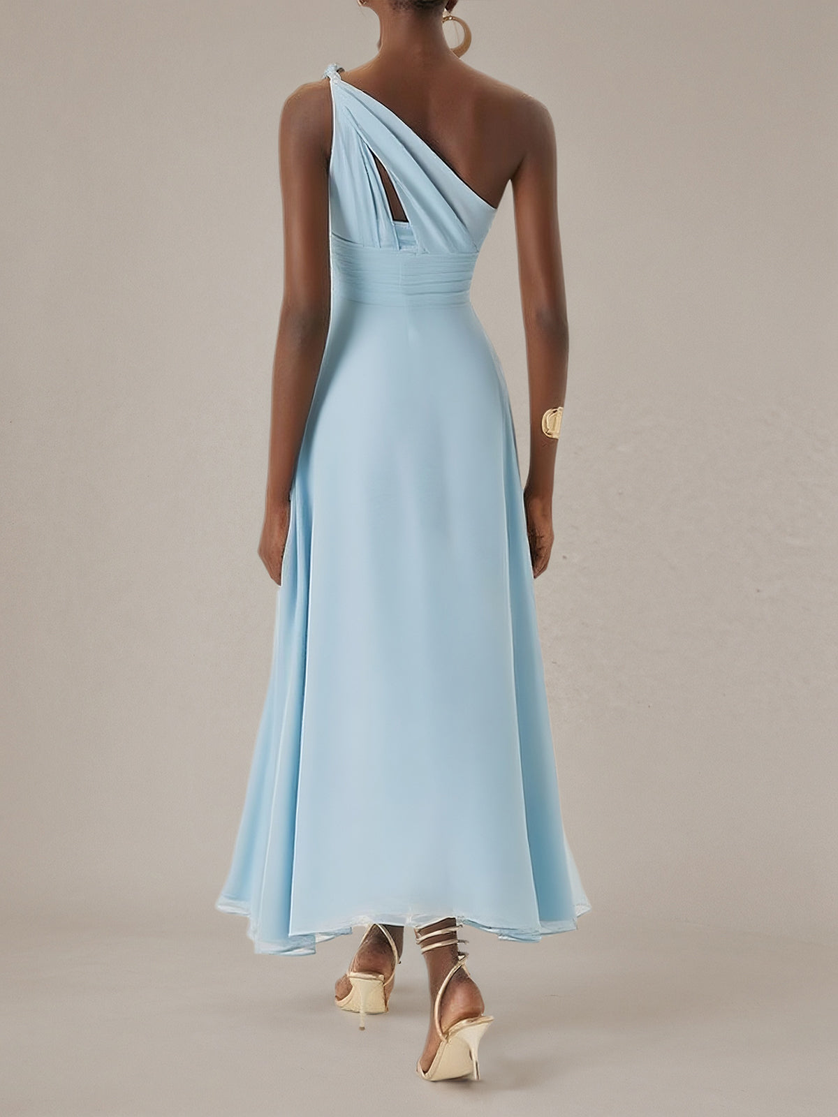 Blue A Line Chiffon One Shoulder Sleeveless Ankle Length Dresses