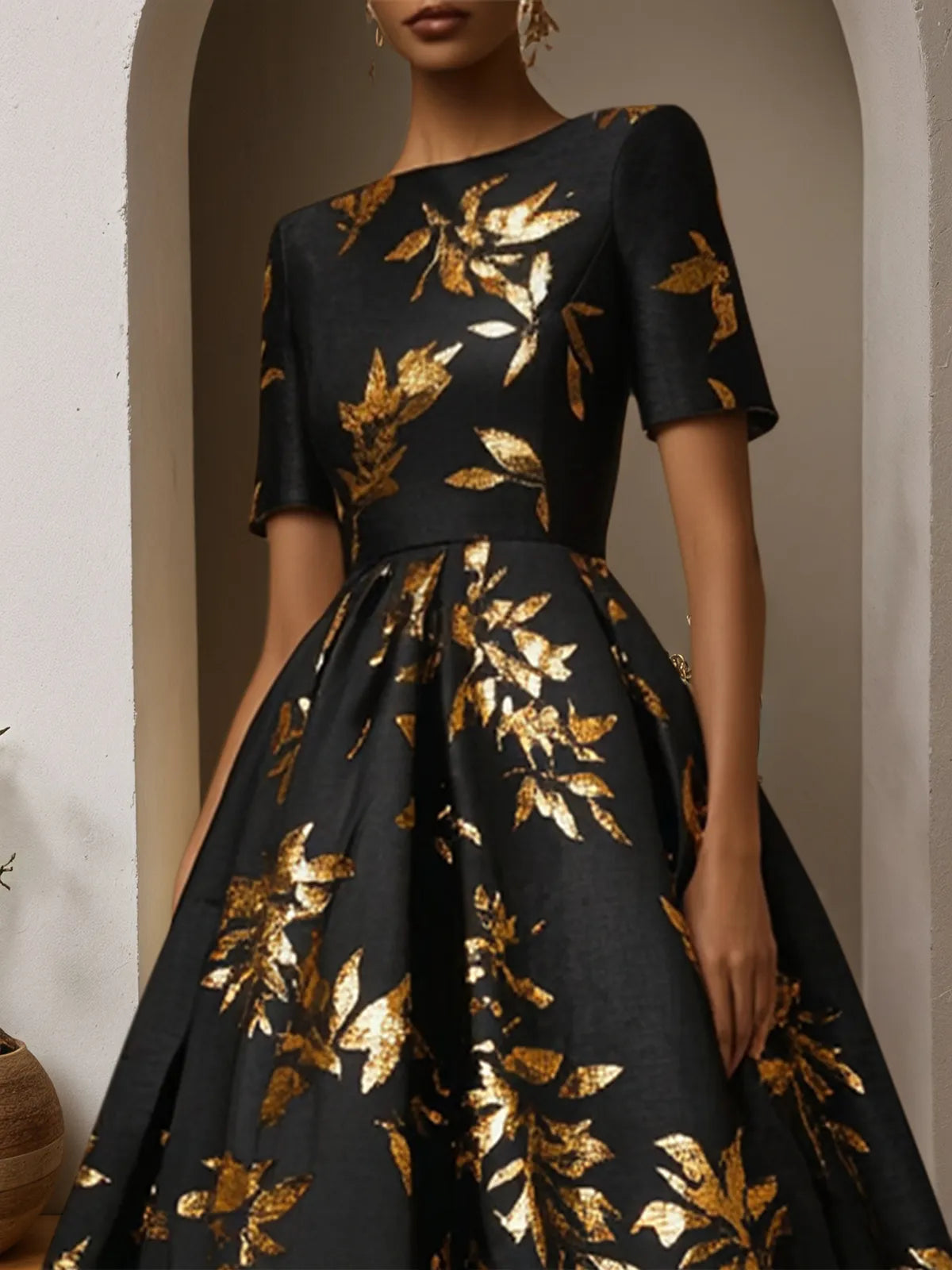 Black Gold Hot Stamping Floral Short Sleeve A-Line Maxi Dress