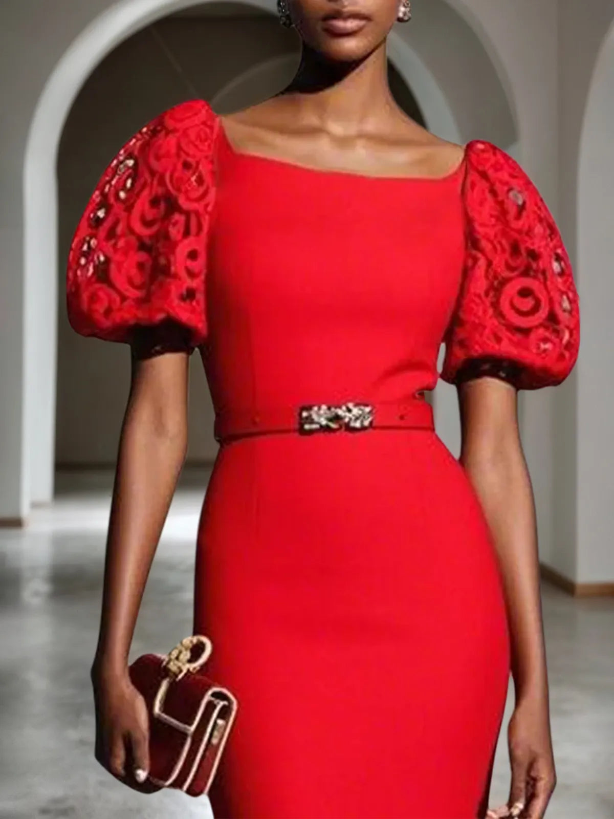 Red Lace Classic Boat Neck Short Sleeve Balloon Sleeve Sheath Maxi Dress