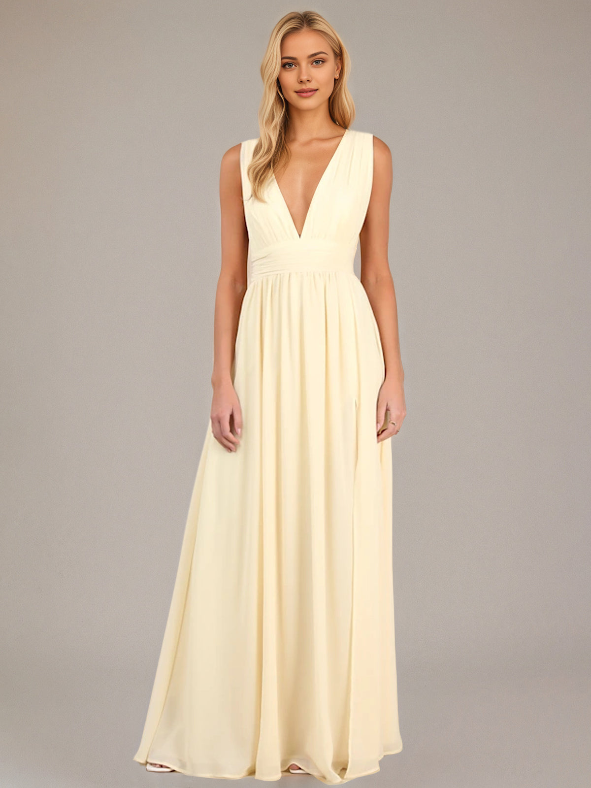 A Line Chiffon V Neck Sleeveless Floor Length Dresses With High Slit