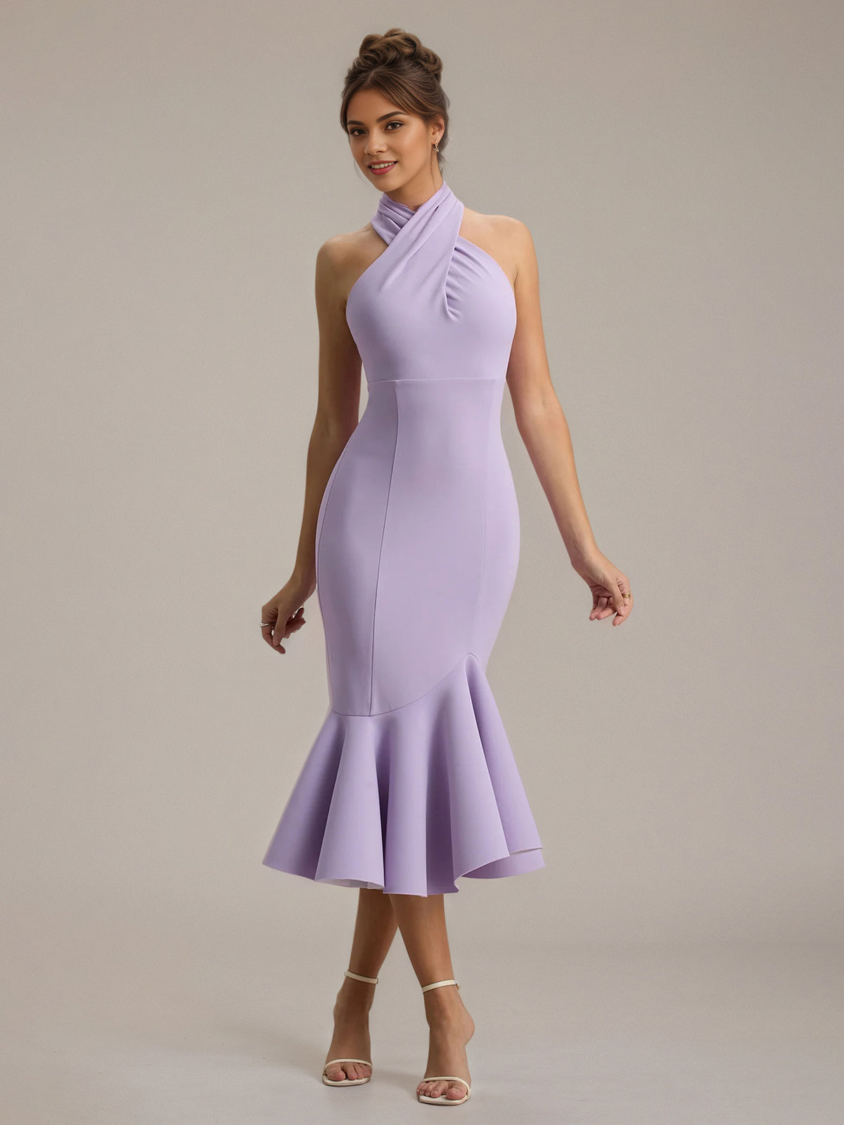 Lilac Chiffon Sheath/Column Halter Neck Sleeveless Tea Length Dress