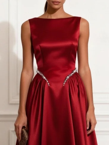 Wine Red Rhinestone Ruched Satin Boat Neck Sleeveless A-Line Midi Dress