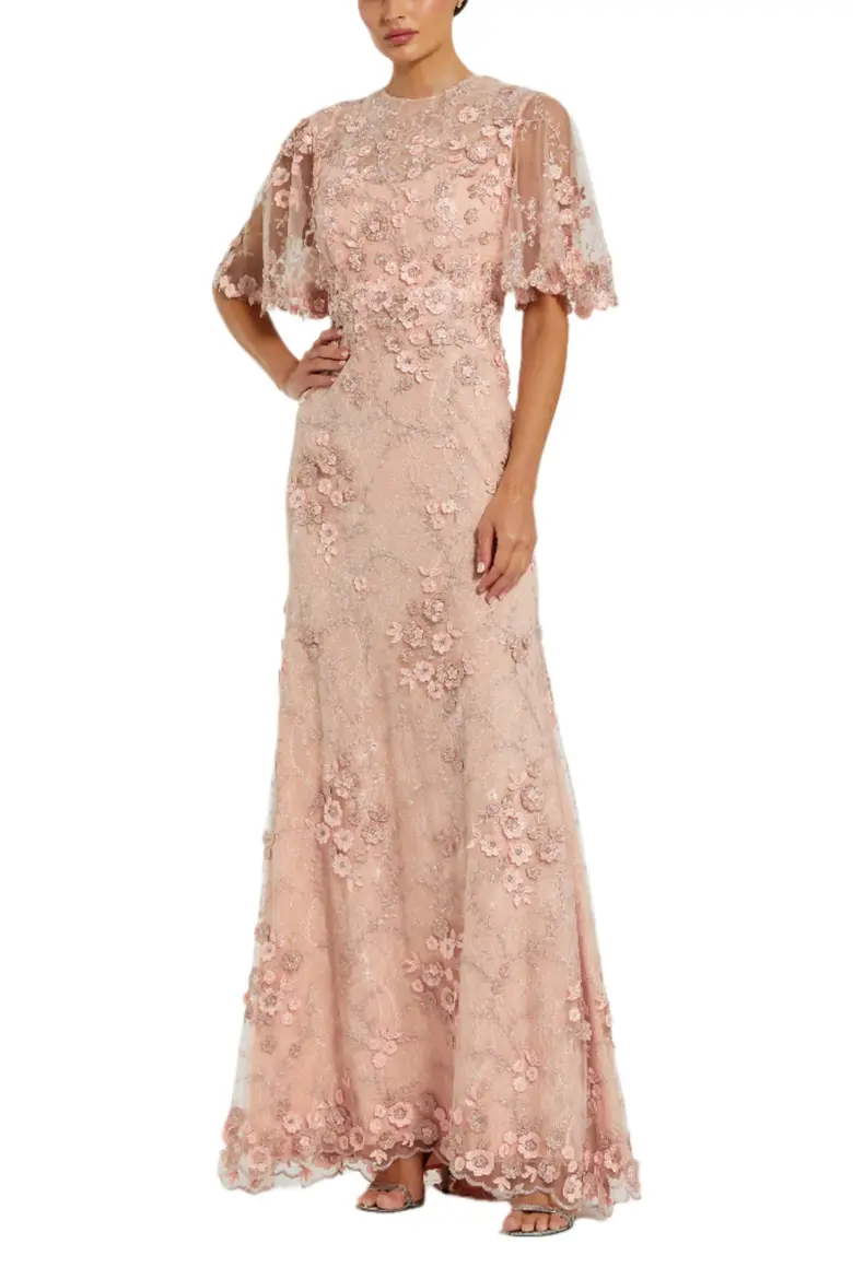 Elegant Floral Embroidered Evening Gown with Flutter Sleeves
