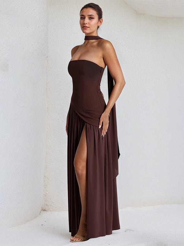 Elegant Mint Green Strapless Pleated Maxi Dress With Slit