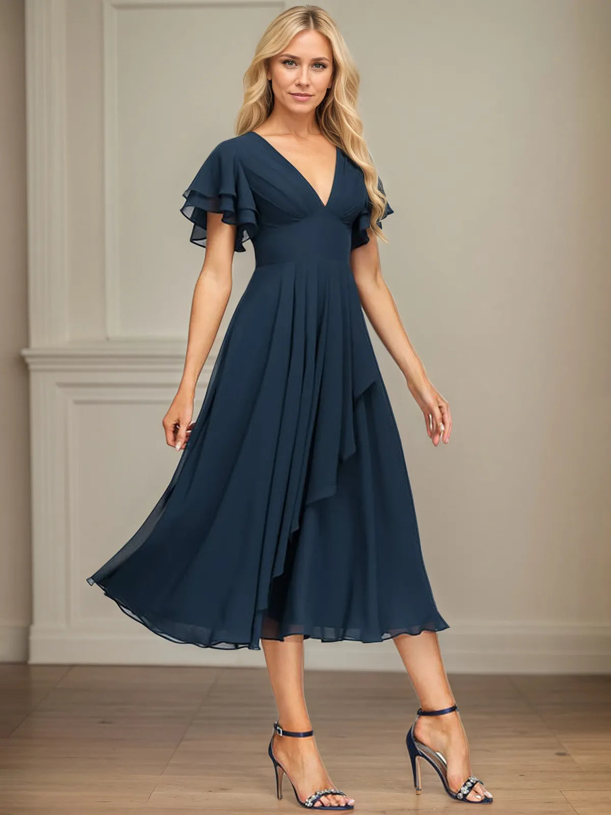 A Line V-Neck Tea Length Chiffon Dress With Cascading Ruffles