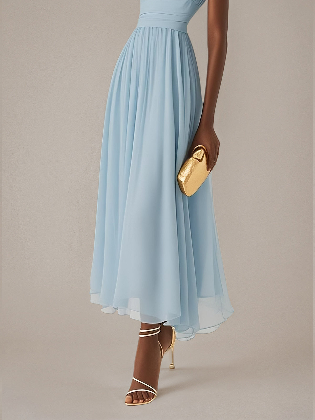 Blue A Line Chiffon One Shoulder Sleeveless Ankle Length Dresses