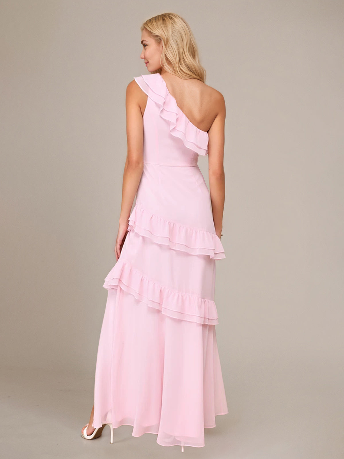 Pink Chiffon A Line One Shoulder Sleeveless Floor Length Dress With Ruffles