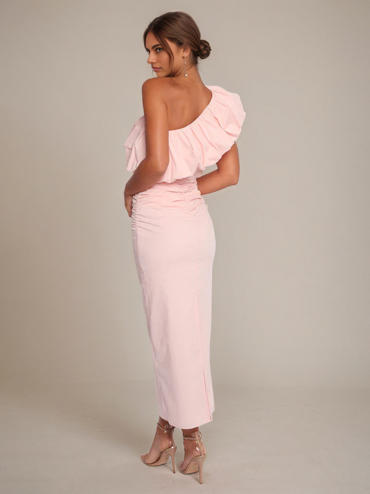 Ballet Pink Chiffon Sheath/Column One Shoulder Sleeveless Ankle Length Bridesmaid Dress