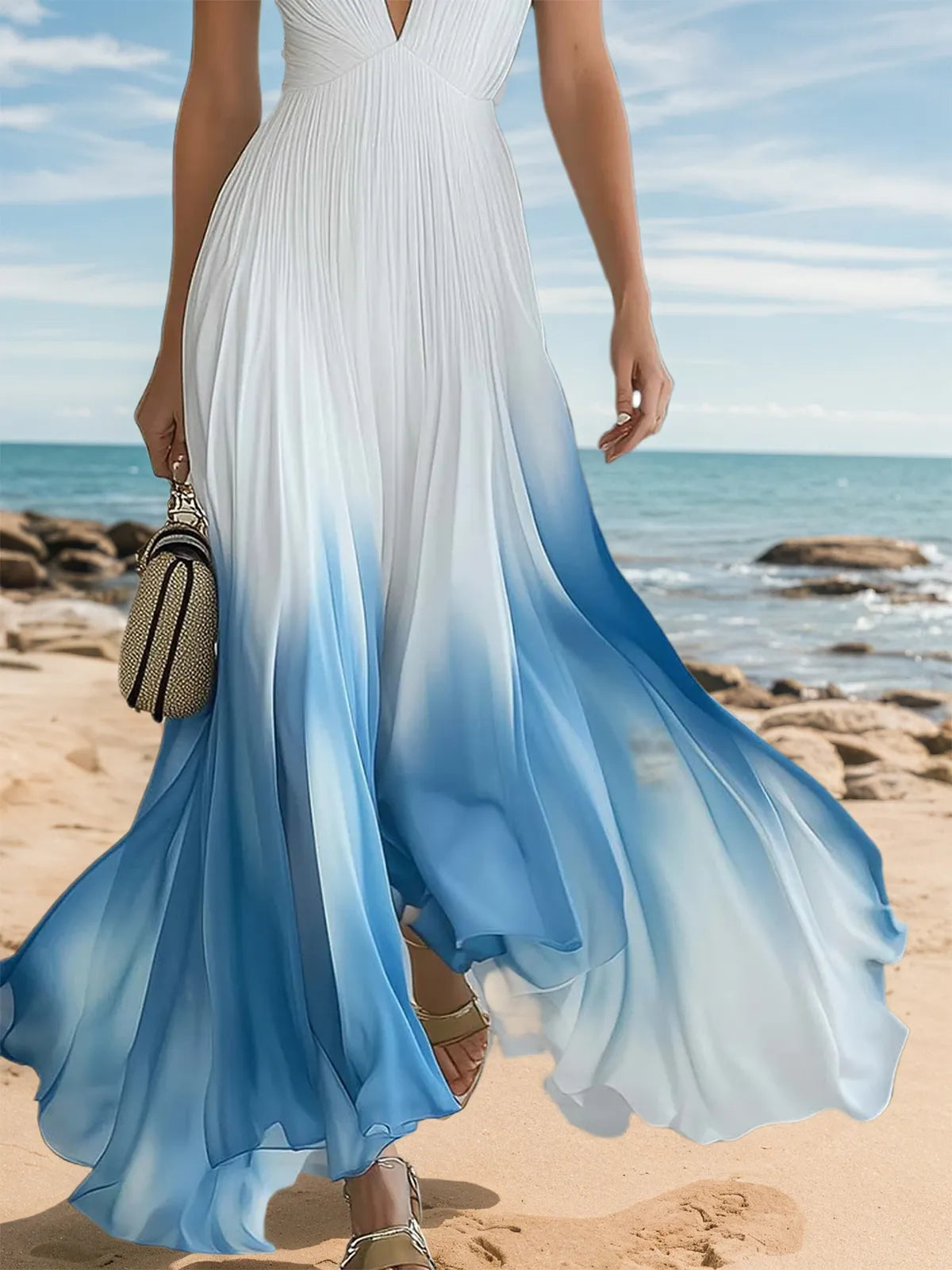Elegant And Flowing V-Neck Pleated Chiffon Blue Gradient White Maxi Dress