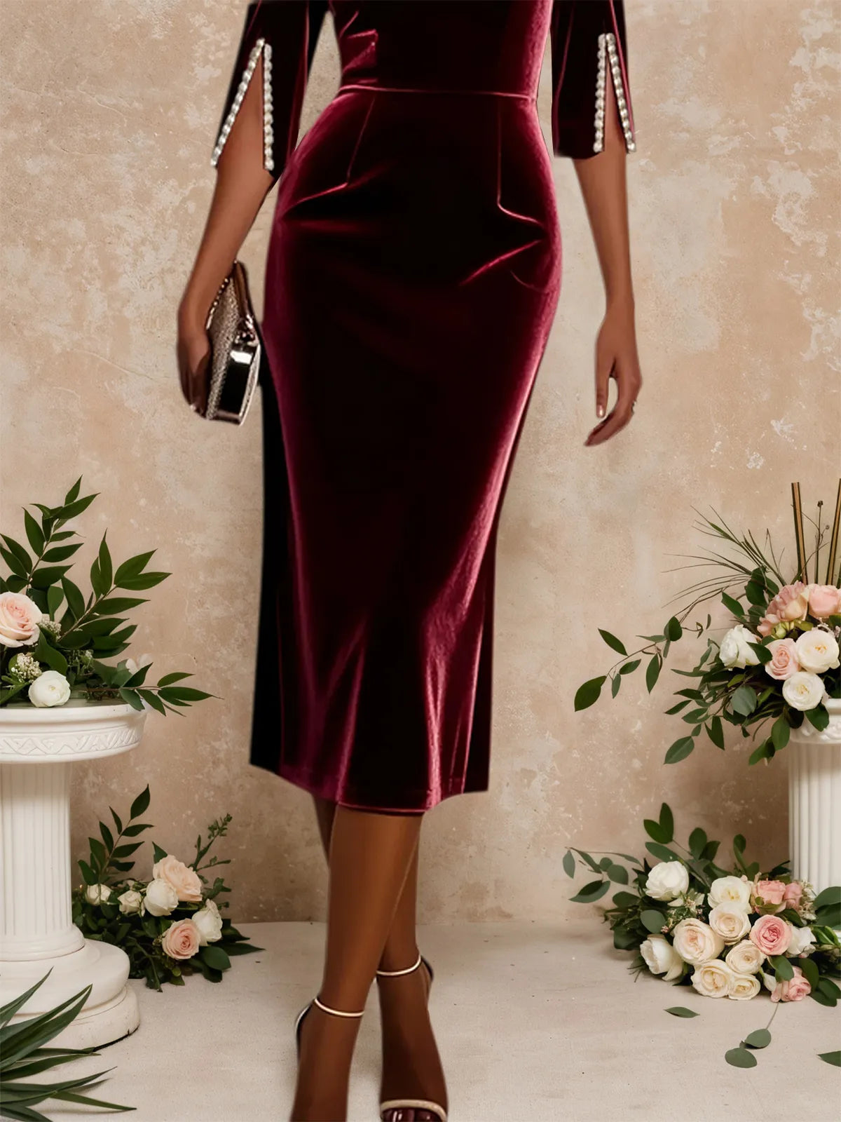 Wine Red Imitation Pearls Velvet Boat Neck Half Sleeve Sheath Midi Dress