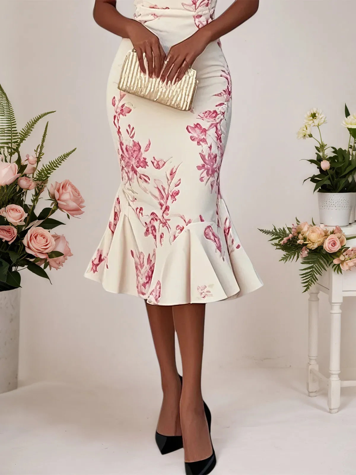 Pink Floral Mermaid Skirt V Neck Sleeveless Mermaid Midi Dress