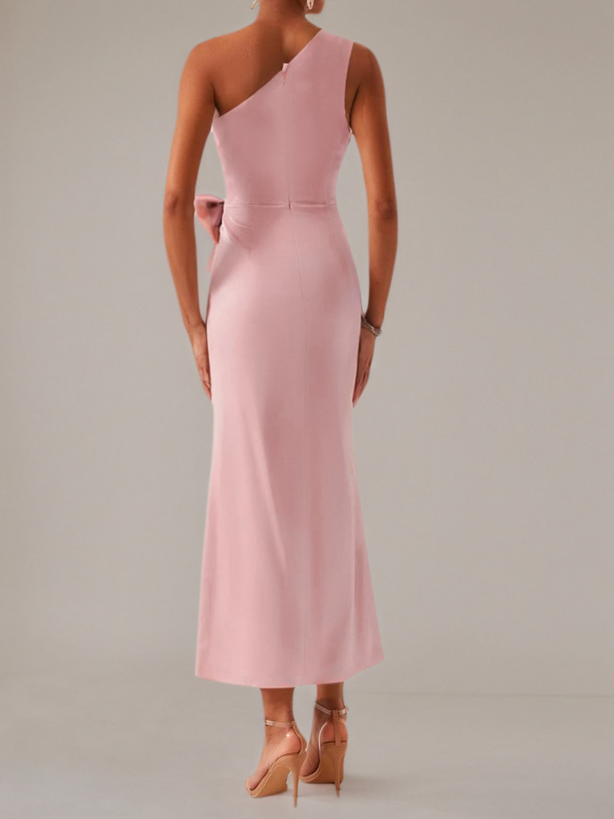 Pink Sheath/Column Satin One Shoulder Sleeveless Ankle Length Dresses With Bow