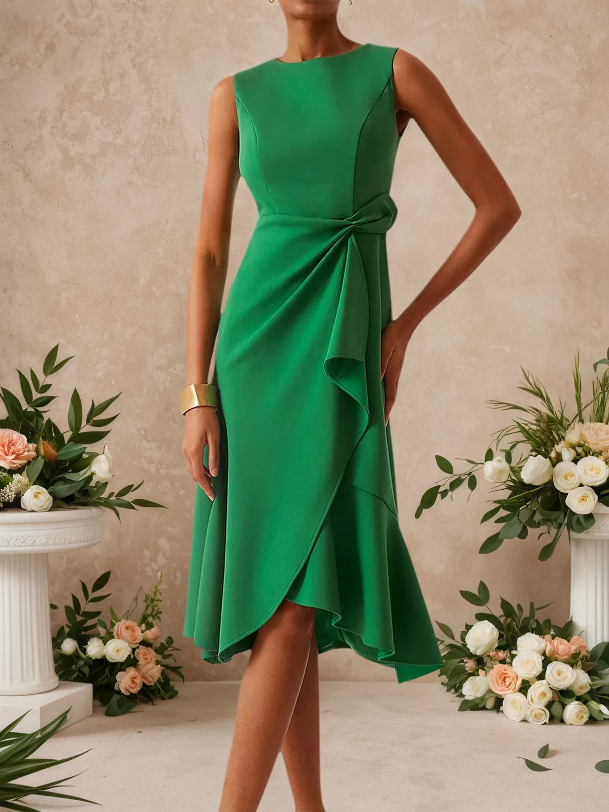 Green Commuting Sleeveless Boat Neck Plain A-line Midi Dress