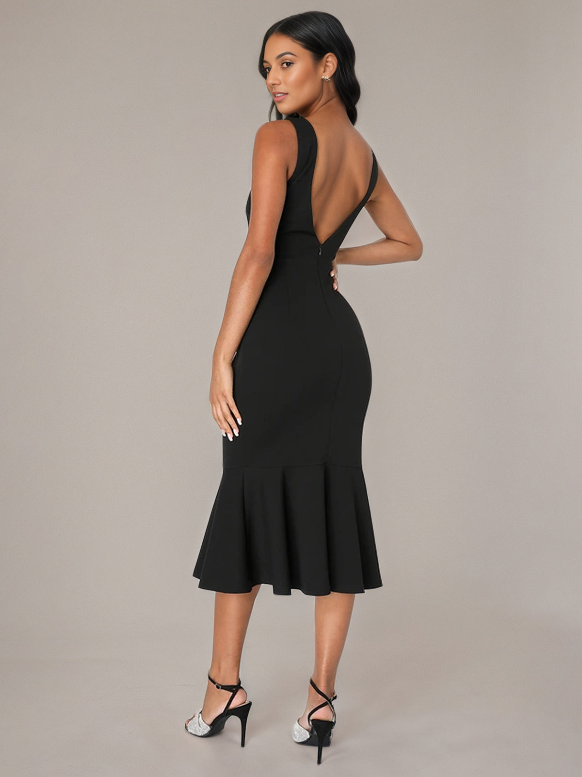 Black Sheath/Column Stretch Crepe Square Neck Sleeveless Tea Length Dresses