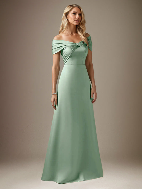 Mist Blue A Line Satin Off The Shoulder Sleeveless Floor Length Dress