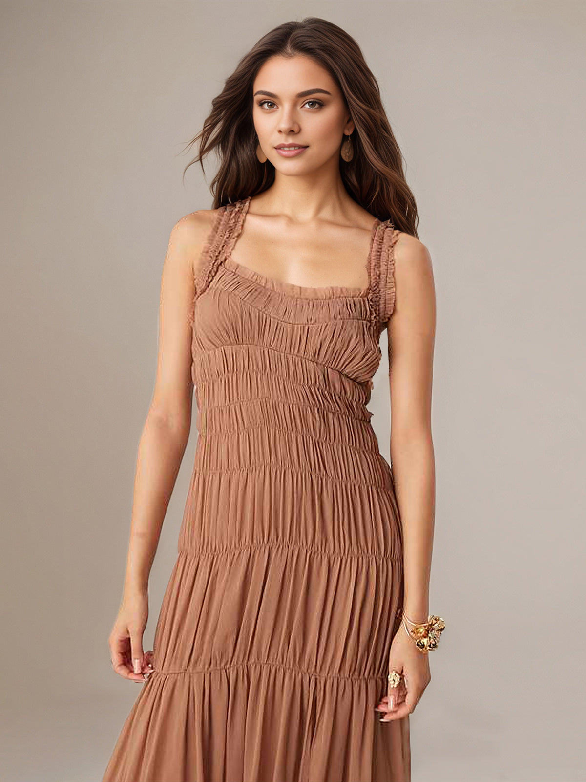 A Line Chiffon Square Neck Sleeveless Floor Length Pleated Dresses